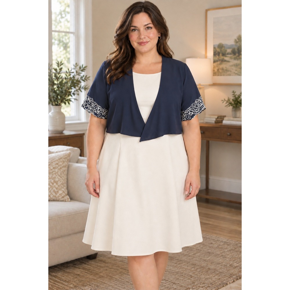 MS Chaus Navy Blue Embroidered Cropped Bolero Shrug Short Sleeve Jacket Size 18
